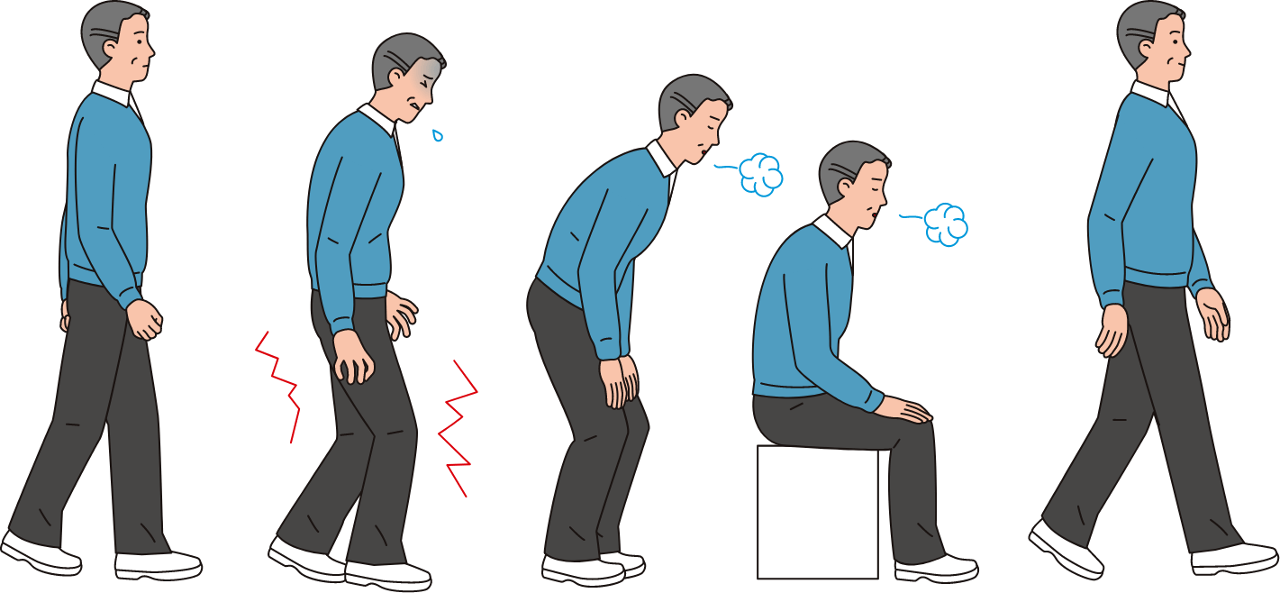 歩行時に症状を感じる男性の様子