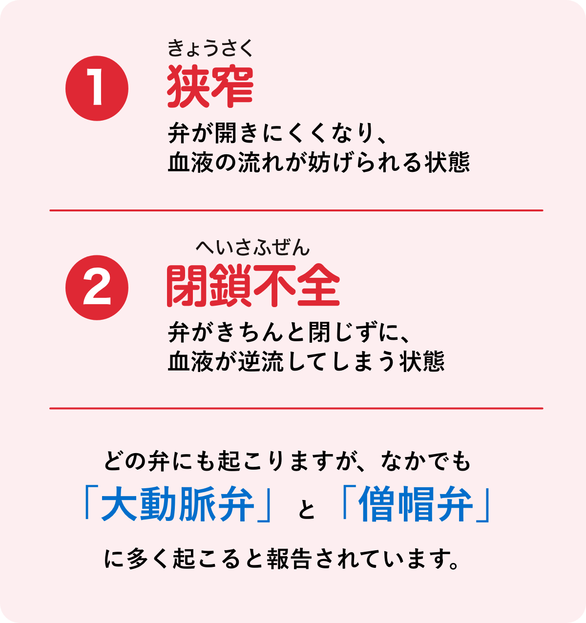 狭窄_閉鎖不全_どの弁にも起こりますが、なかでも「大動脈弁」と「僧帽弁」に多く起こると報告されています。